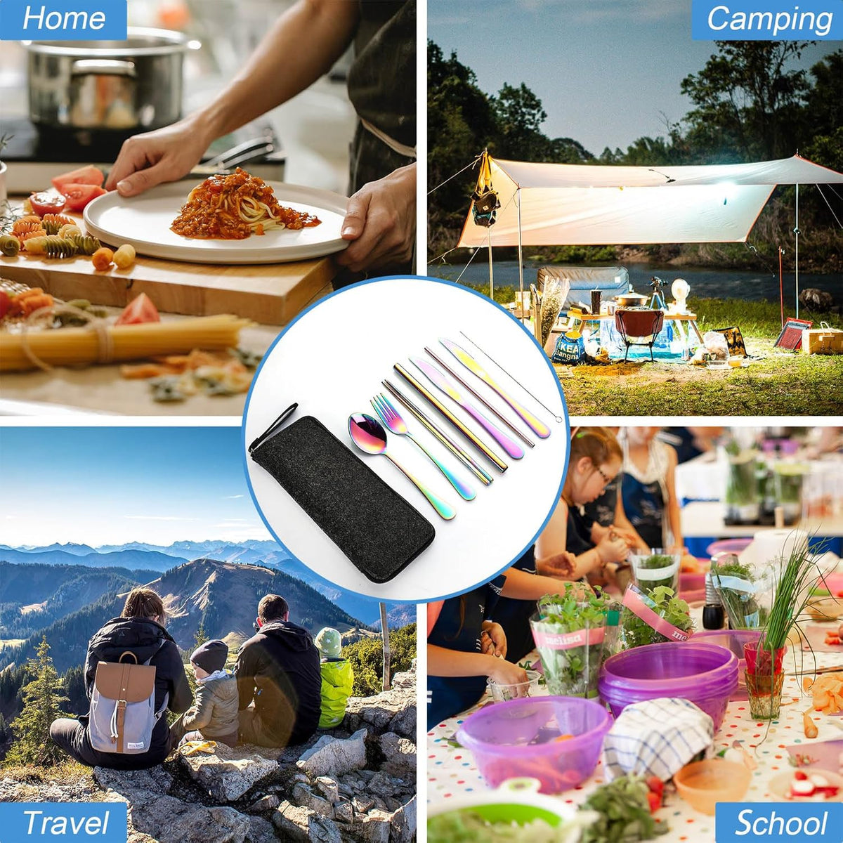 Camping Utensils, Stainless Steel Travel Silverware Set with Case | 9Pcs Portable Cutlery Set, Reusable Flatware adult, Steak knife, Boba Straw, Fork and Spoon Set for Lunch box, Work (Silver)