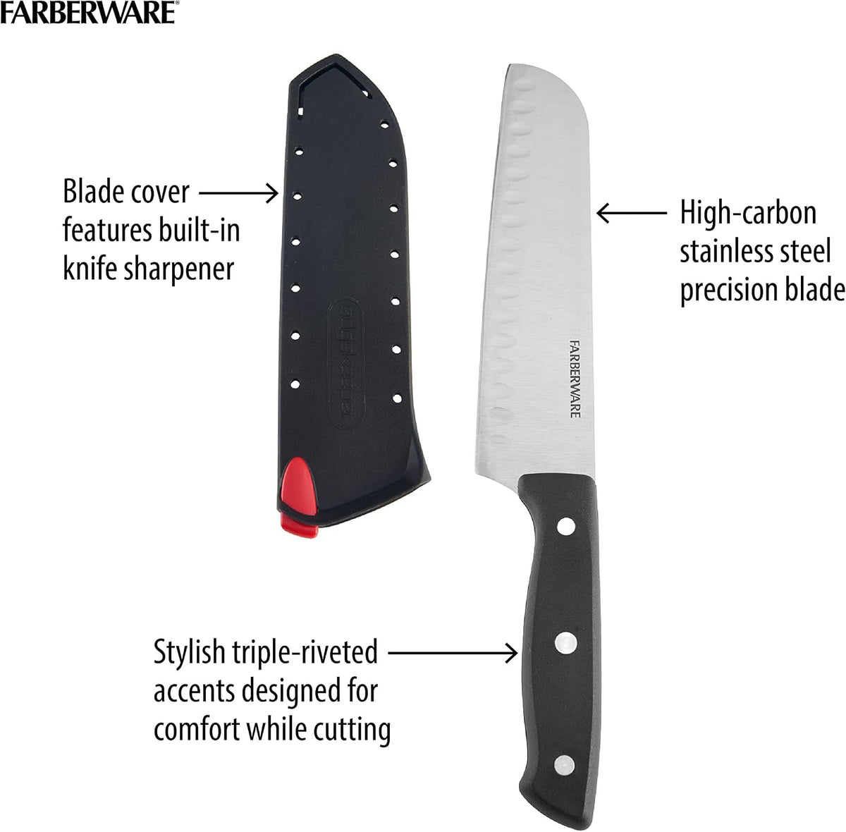 Edgekeeper Self-Sharpening Triple Riveted Santoku Knife Set, 4-Piece, Black