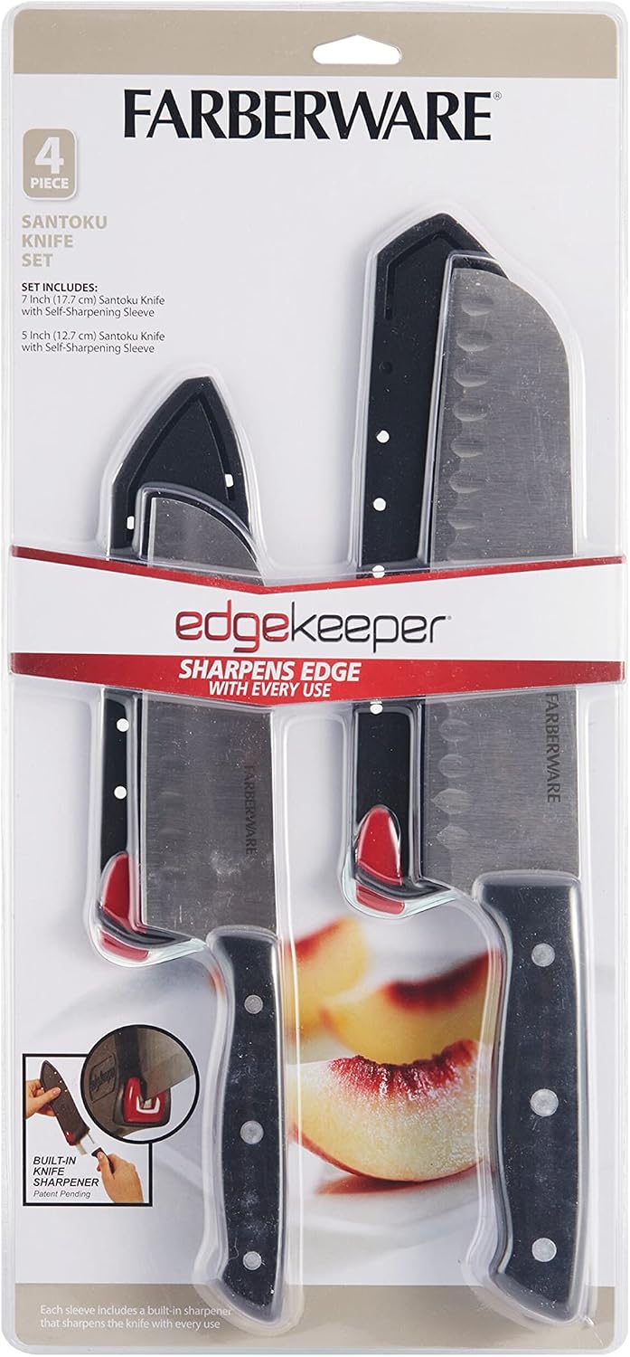 Edgekeeper Self-Sharpening Triple Riveted Santoku Knife Set, 4-Piece, Black