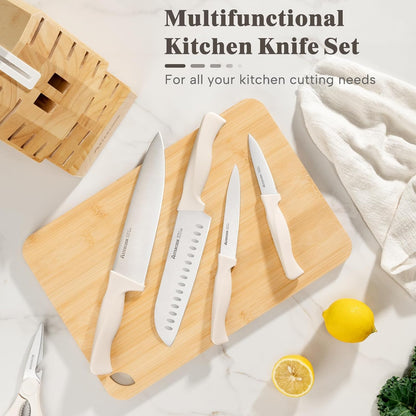Knife Set, 22-Piece Kitchen Knife Set with Sharpener Block, High Carbon Stainless Steel Knives, Dishwasher Safe, Non-Slip Handle, Elegant Cream White Design, Perfect Holiday Gifts