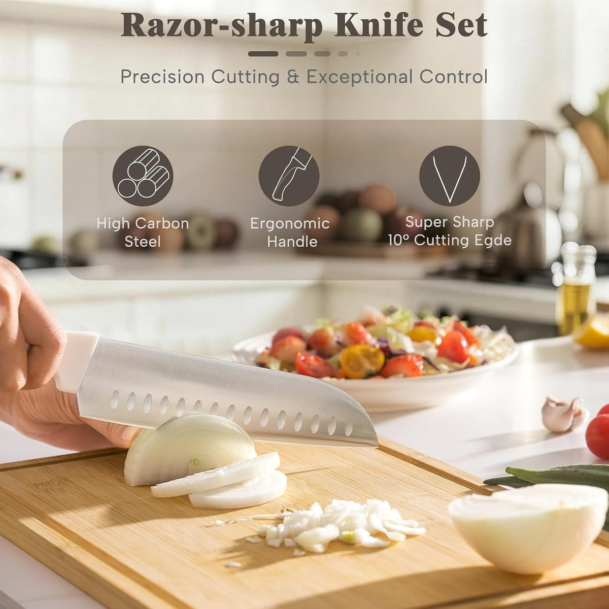 Knife Set, 22-Piece Kitchen Knife Set with Sharpener Block, High Carbon Stainless Steel Knives, Dishwasher Safe, Non-Slip Handle, Elegant Cream White Design, Perfect Holiday Gifts