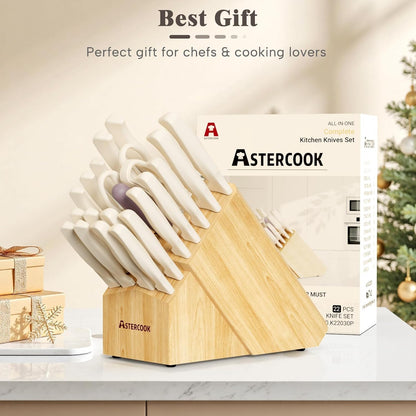 Knife Set, 22-Piece Kitchen Knife Set with Sharpener Block, High Carbon Stainless Steel Knives, Dishwasher Safe, Non-Slip Handle, Elegant Cream White Design, Perfect Holiday Gifts
