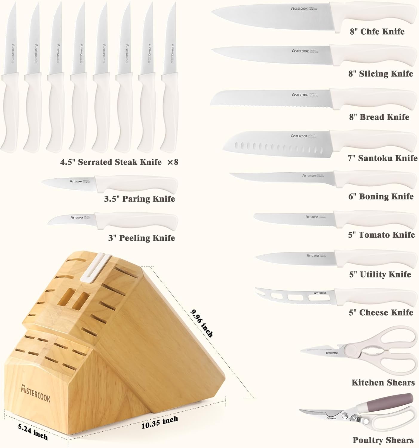Knife Set, 22-Piece Kitchen Knife Set with Sharpener Block, High Carbon Stainless Steel Knives, Dishwasher Safe, Non-Slip Handle, Elegant Cream White Design, Perfect Holiday Gifts
