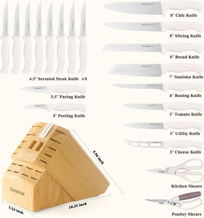Knife Set, 22-Piece Kitchen Knife Set with Sharpener Block, High Carbon Stainless Steel Knives, Dishwasher Safe, Non-Slip Handle, Elegant Cream White Design, Perfect Holiday Gifts