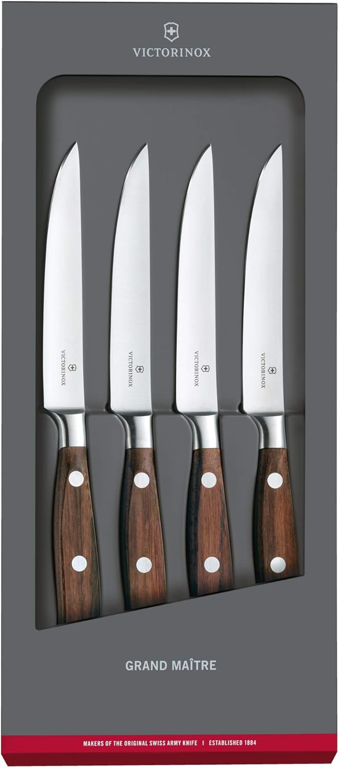 Grand Maître Steak Knife Set Ideal for Slicing a Wide Variety of Steak Cuts Straight Blade in Rosewood, Set of 4