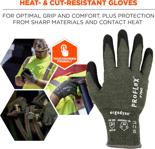 ProFlex 7042 Cut Resistant Work Gloves, ANSI A4, Contact Heat Resistant, Sandy Nitrile Coated Palms, 18g Aramid