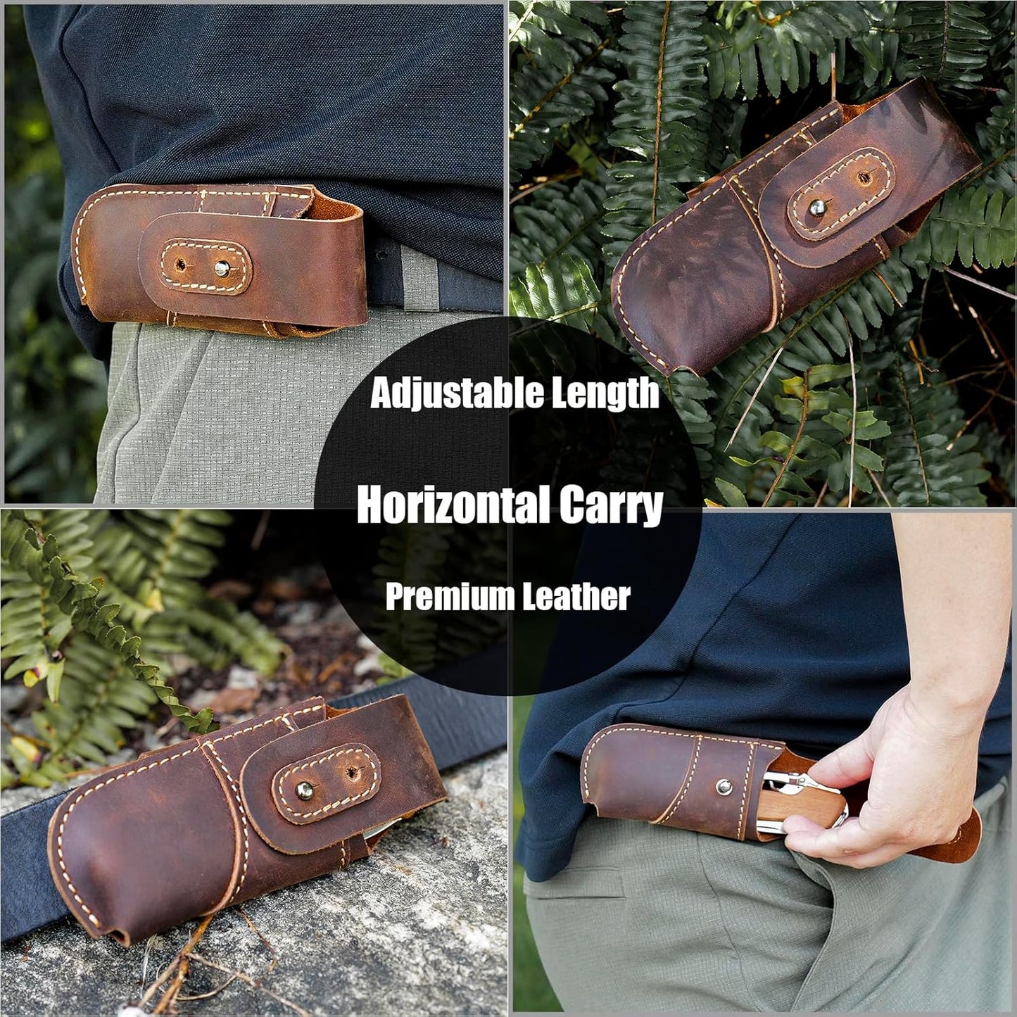 Leather Pocket Knife Sheath - Belt Loop EDC Belt Organizer - Horizontal Carry Knife Holder- Multitool Sheath with Two Snap Closure for Folding Knife, Darkbrown