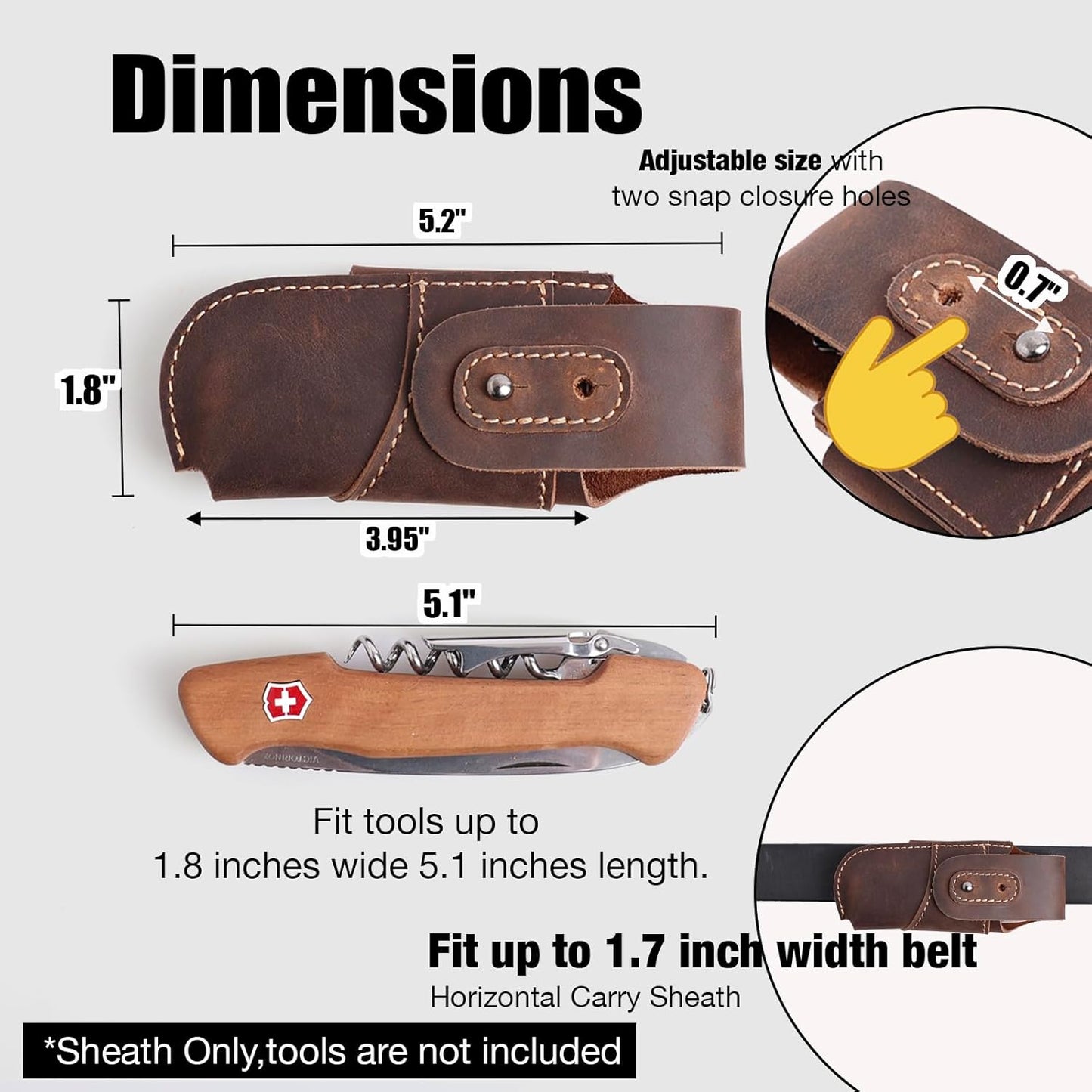 Leather Pocket Knife Sheath - Belt Loop EDC Belt Organizer - Horizontal Carry Knife Holder- Multitool Sheath with Two Snap Closure for Folding Knife, Darkbrown