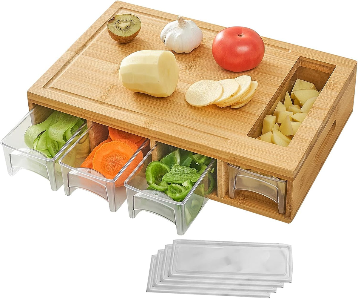 Bamboo Cutting Board with 4 Containers, Large Chopping Board