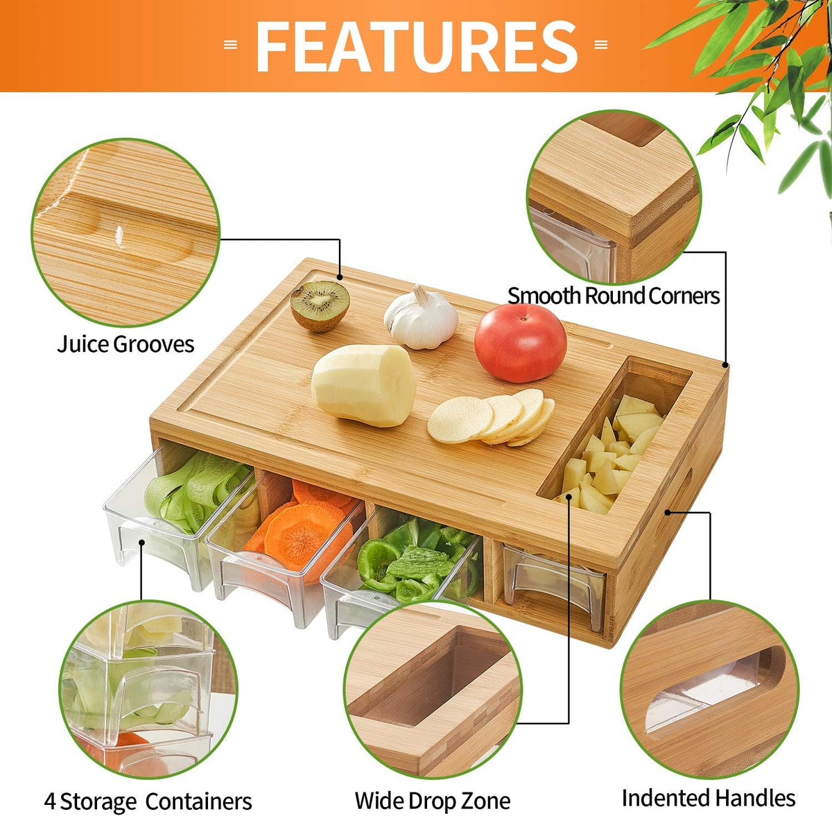 Bamboo Cutting Board with 4 Containers, Large Chopping Board