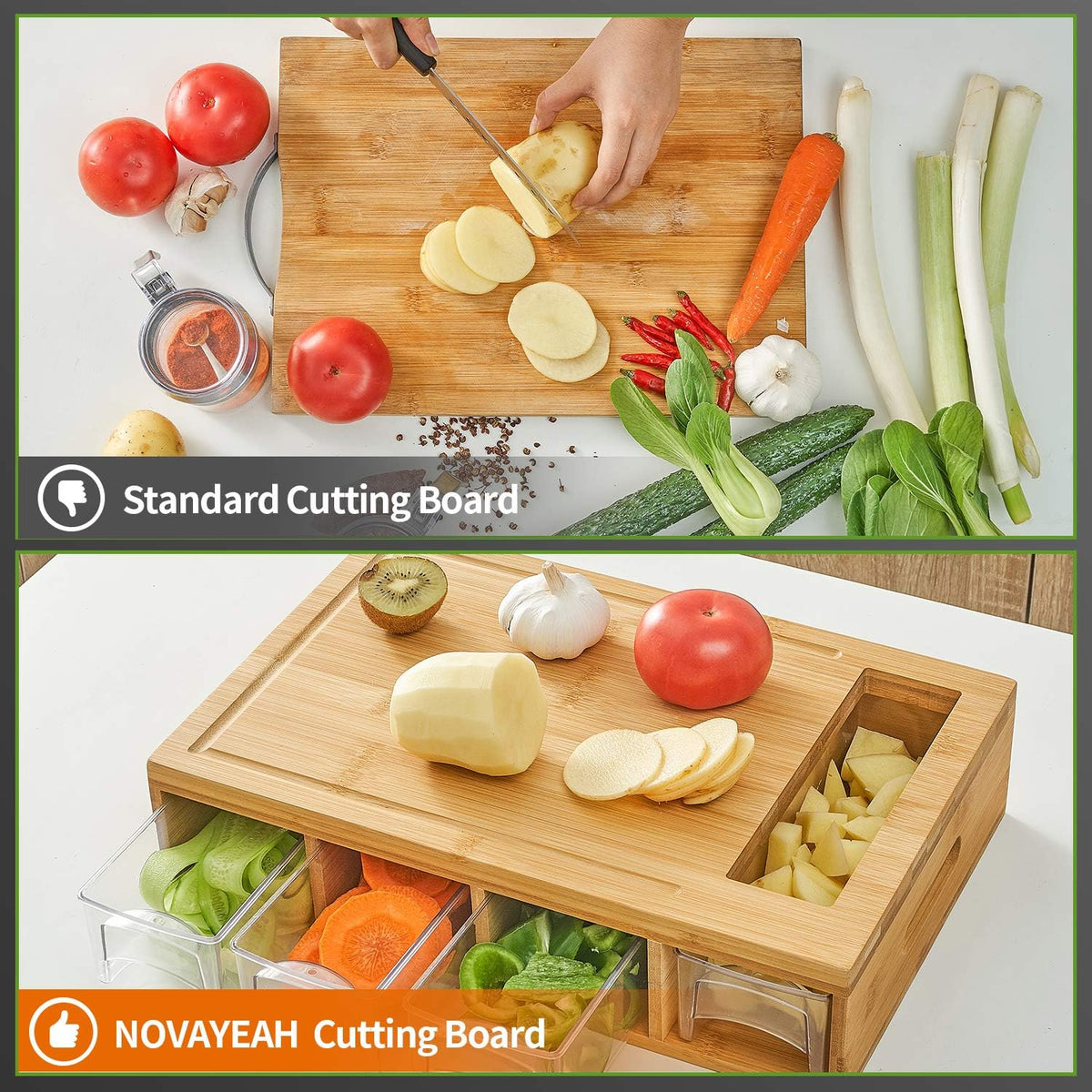 Bamboo Cutting Board with 4 Containers, Large Chopping Board