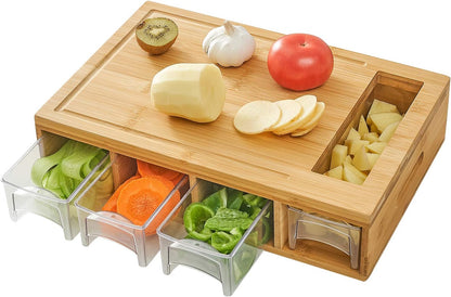 Bamboo Cutting Board with 4 Containers, Large Chopping Board