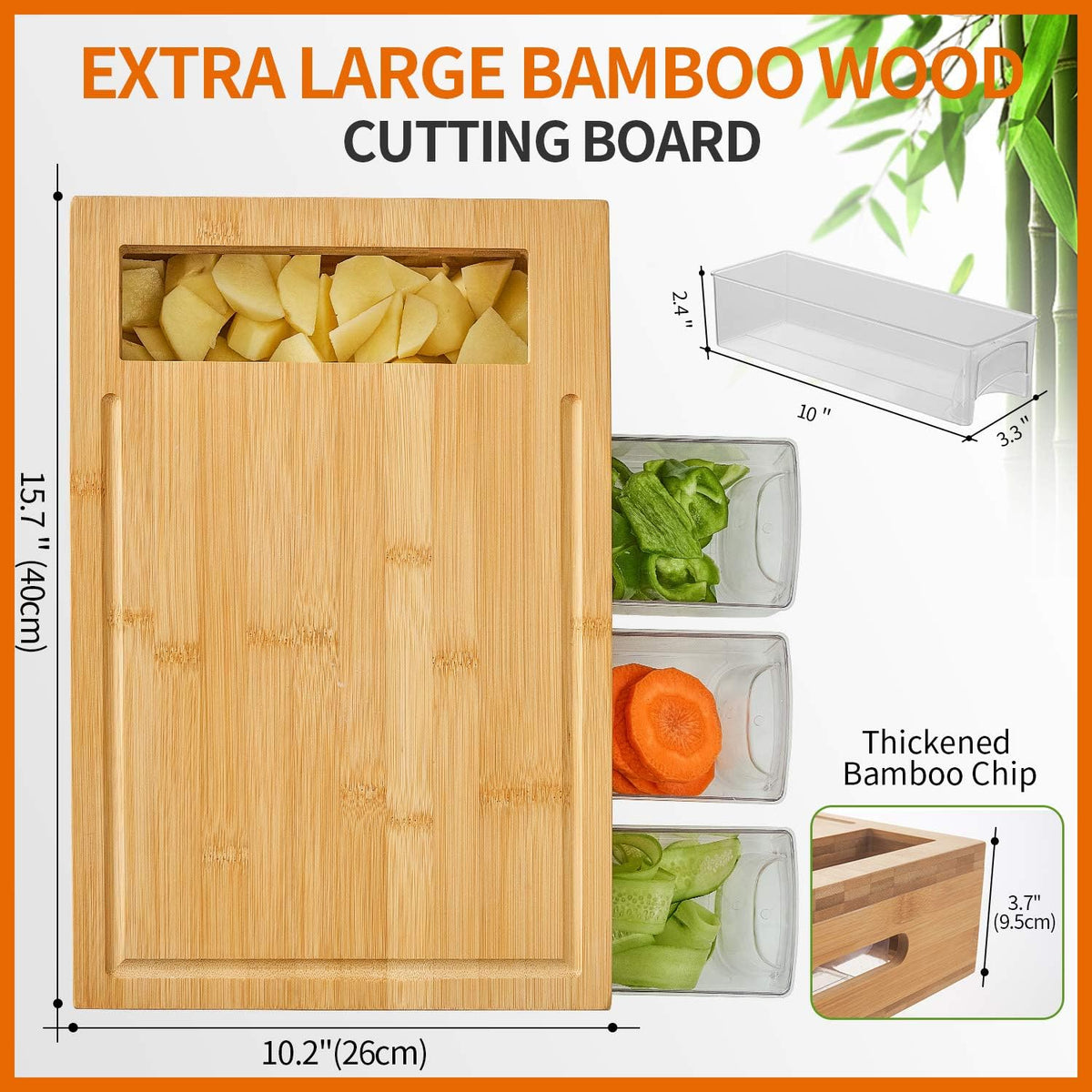 Bamboo Cutting Board with 4 Containers, Large Chopping Board
