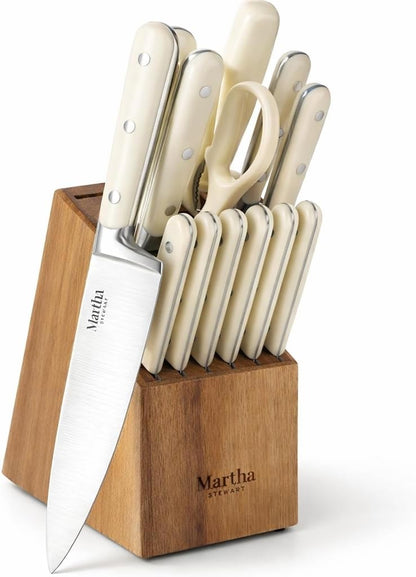 Eastwalk 14 Piece High Carbon Stainless Steel Cutlery Kitchen Knife Block Set w/ABS Triple Riveted Forged Handle Acacia Wood Block - Linen White