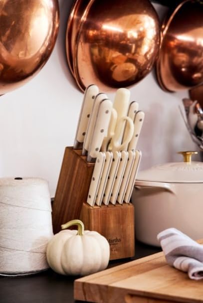 Eastwalk 14 Piece High Carbon Stainless Steel Cutlery Kitchen Knife Block Set w/ABS Triple Riveted Forged Handle Acacia Wood Block - Linen White