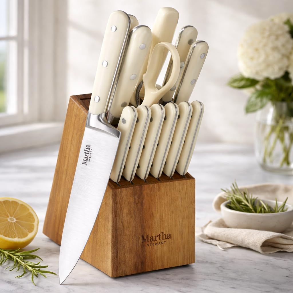 Eastwalk 14 Piece High Carbon Stainless Steel Cutlery Kitchen Knife Block Set w/ABS Triple Riveted Forged Handle Acacia Wood Block - Linen White
