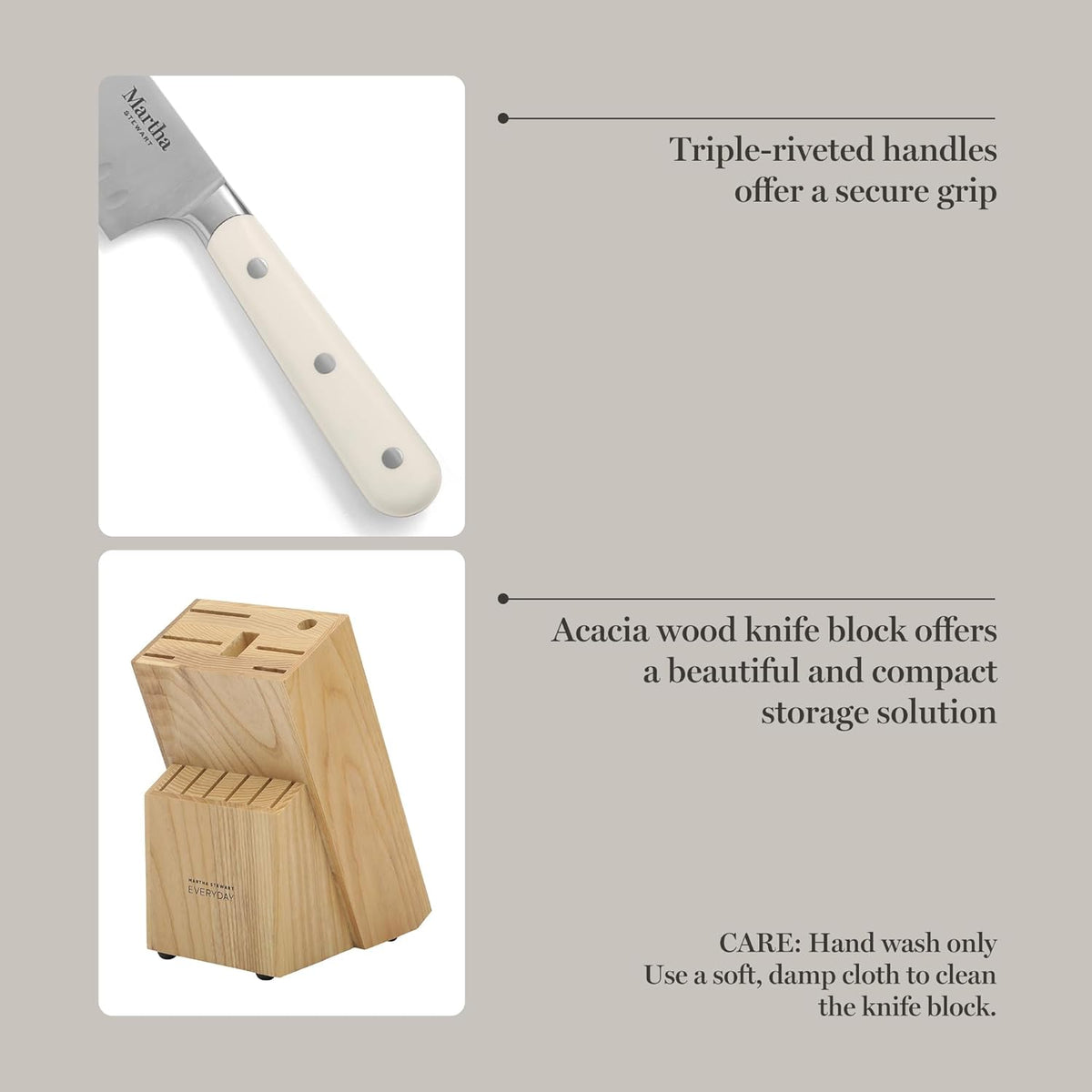 Eastwalk 14 Piece High Carbon Stainless Steel Cutlery Kitchen Knife Block Set w/ABS Triple Riveted Forged Handle Acacia Wood Block - Linen White