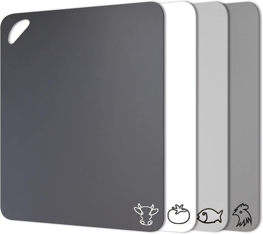 Plastic Cutting Boards with Food Icons, Set of 4, Flexible Cutting Mats with Hole, BPA-Free, Non-Slip and Dishwasher Safe, Modern Neutral Colors