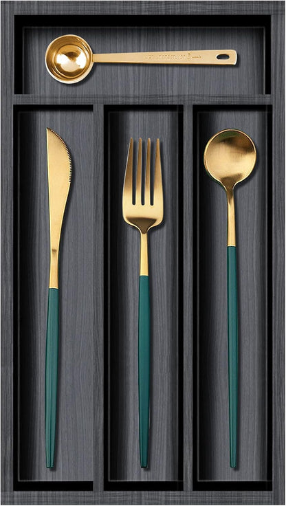 Small Silverware Organizer Narrow Wooden Cutlery Tray 12"x6.7" Spoon Kitchen Utensil Holder for Drawer Divider Bamboo Cutlery Drawer Organizers Storage Black Wood Silverware Tray Flatware Organizer