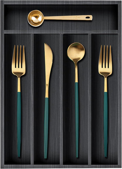 Small Silverware Organizer Narrow Wooden Cutlery Tray 12"x6.7" Spoon Kitchen Utensil Holder for Drawer Divider Bamboo Cutlery Drawer Organizers Storage Black Wood Silverware Tray Flatware Organizer