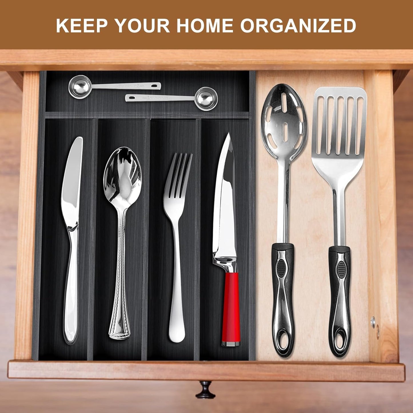 Small Silverware Organizer Narrow Wooden Cutlery Tray 12"x6.7" Spoon Kitchen Utensil Holder for Drawer Divider Bamboo Cutlery Drawer Organizers Storage Black Wood Silverware Tray Flatware Organizer