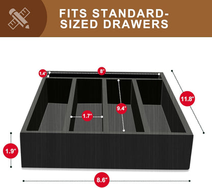 Small Silverware Organizer Narrow Wooden Cutlery Tray 12"x6.7" Spoon Kitchen Utensil Holder for Drawer Divider Bamboo Cutlery Drawer Organizers Storage Black Wood Silverware Tray Flatware Organizer