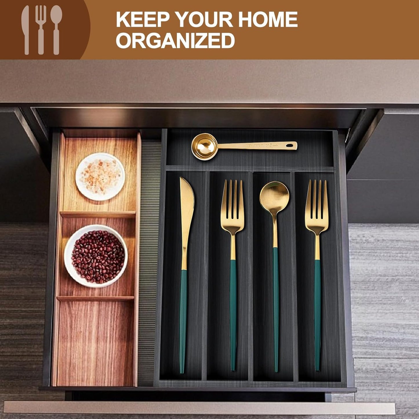 Small Silverware Organizer Narrow Wooden Cutlery Tray 12"x6.7" Spoon Kitchen Utensil Holder for Drawer Divider Bamboo Cutlery Drawer Organizers Storage Black Wood Silverware Tray Flatware Organizer