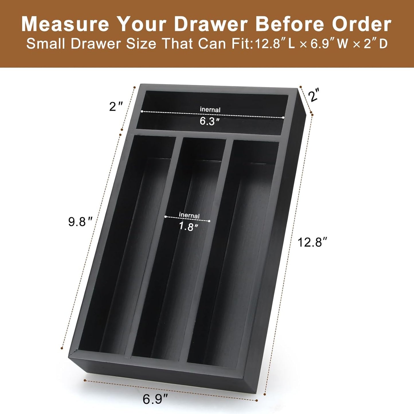 Small Silverware Organizer Narrow Wooden Cutlery Tray 12"x6.7" Spoon Kitchen Utensil Holder for Drawer Divider Bamboo Cutlery Drawer Organizers Storage Black Wood Silverware Tray Flatware Organizer