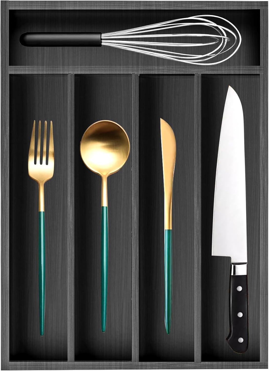 Small Silverware Organizer Narrow Wooden Cutlery Tray 12"x6.7" Spoon Kitchen Utensil Holder for Drawer Divider Bamboo Cutlery Drawer Organizers Storage Black Wood Silverware Tray Flatware Organizer