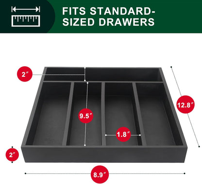 Small Silverware Organizer Narrow Wooden Cutlery Tray 12"x6.7" Spoon Kitchen Utensil Holder for Drawer Divider Bamboo Cutlery Drawer Organizers Storage Black Wood Silverware Tray Flatware Organizer