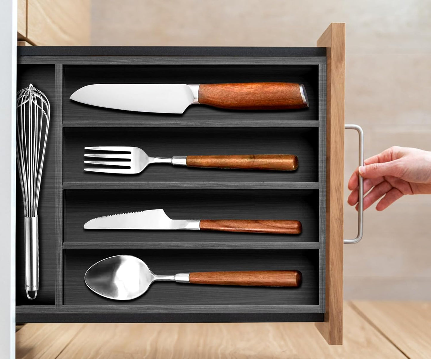Small Silverware Organizer Narrow Wooden Cutlery Tray 12"x6.7" Spoon Kitchen Utensil Holder for Drawer Divider Bamboo Cutlery Drawer Organizers Storage Black Wood Silverware Tray Flatware Organizer