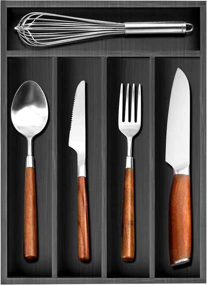 Small Silverware Organizer Narrow Wooden Cutlery Tray 12"x6.7" Spoon Kitchen Utensil Holder for Drawer Divider Bamboo Cutlery Drawer Organizers Storage Black Wood Silverware Tray Flatware Organizer