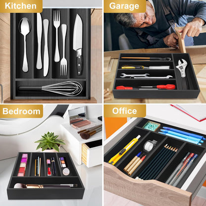 Small Silverware Organizer Narrow Wooden Cutlery Tray 12"x6.7" Spoon Kitchen Utensil Holder for Drawer Divider Bamboo Cutlery Drawer Organizers Storage Black Wood Silverware Tray Flatware Organizer