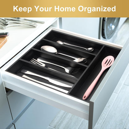 Small Silverware Organizer Narrow Wooden Cutlery Tray 12"x6.7" Spoon Kitchen Utensil Holder for Drawer Divider Bamboo Cutlery Drawer Organizers Storage Black Wood Silverware Tray Flatware Organizer