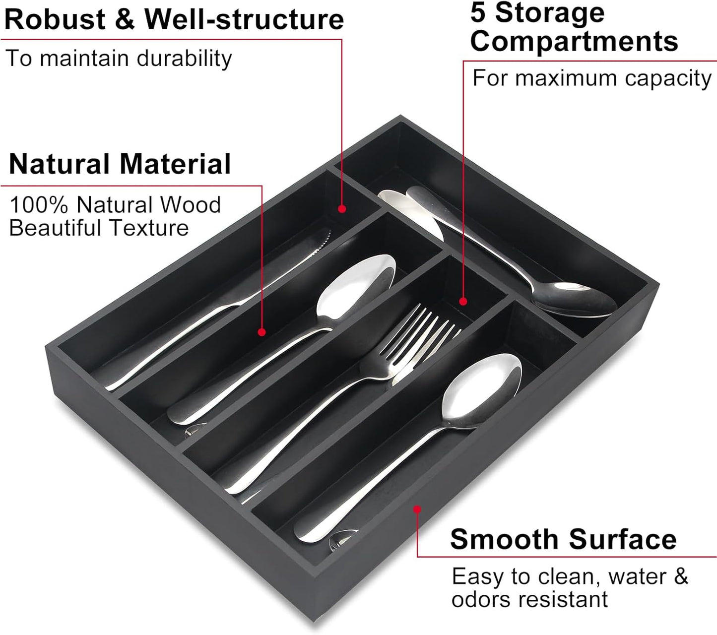 Small Silverware Organizer Narrow Wooden Cutlery Tray 12"x6.7" Spoon Kitchen Utensil Holder for Drawer Divider Bamboo Cutlery Drawer Organizers Storage Black Wood Silverware Tray Flatware Organizer