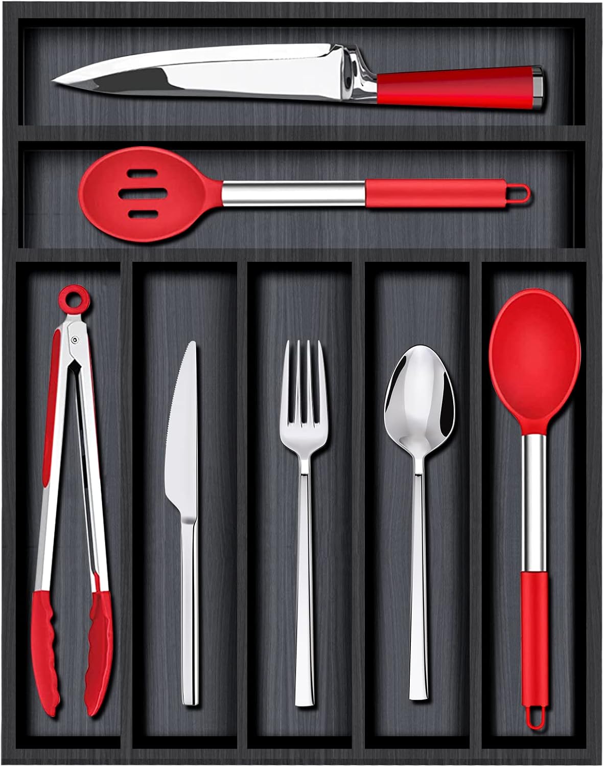 Small Silverware Organizer Narrow Wooden Cutlery Tray 12"x6.7" Spoon Kitchen Utensil Holder for Drawer Divider Bamboo Cutlery Drawer Organizers Storage Black Wood Silverware Tray Flatware Organizer