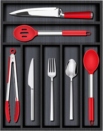 Small Silverware Organizer Narrow Wooden Cutlery Tray 12"x6.7" Spoon Kitchen Utensil Holder for Drawer Divider Bamboo Cutlery Drawer Organizers Storage Black Wood Silverware Tray Flatware Organizer