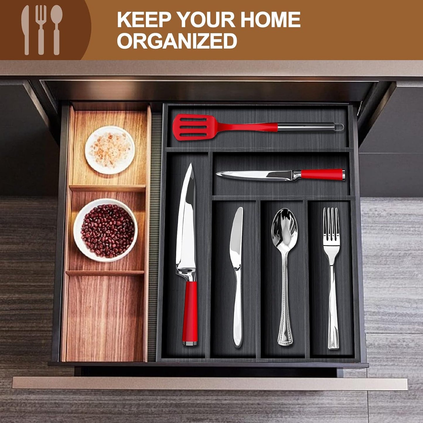 Small Silverware Organizer Narrow Wooden Cutlery Tray 12"x6.7" Spoon Kitchen Utensil Holder for Drawer Divider Bamboo Cutlery Drawer Organizers Storage Black Wood Silverware Tray Flatware Organizer