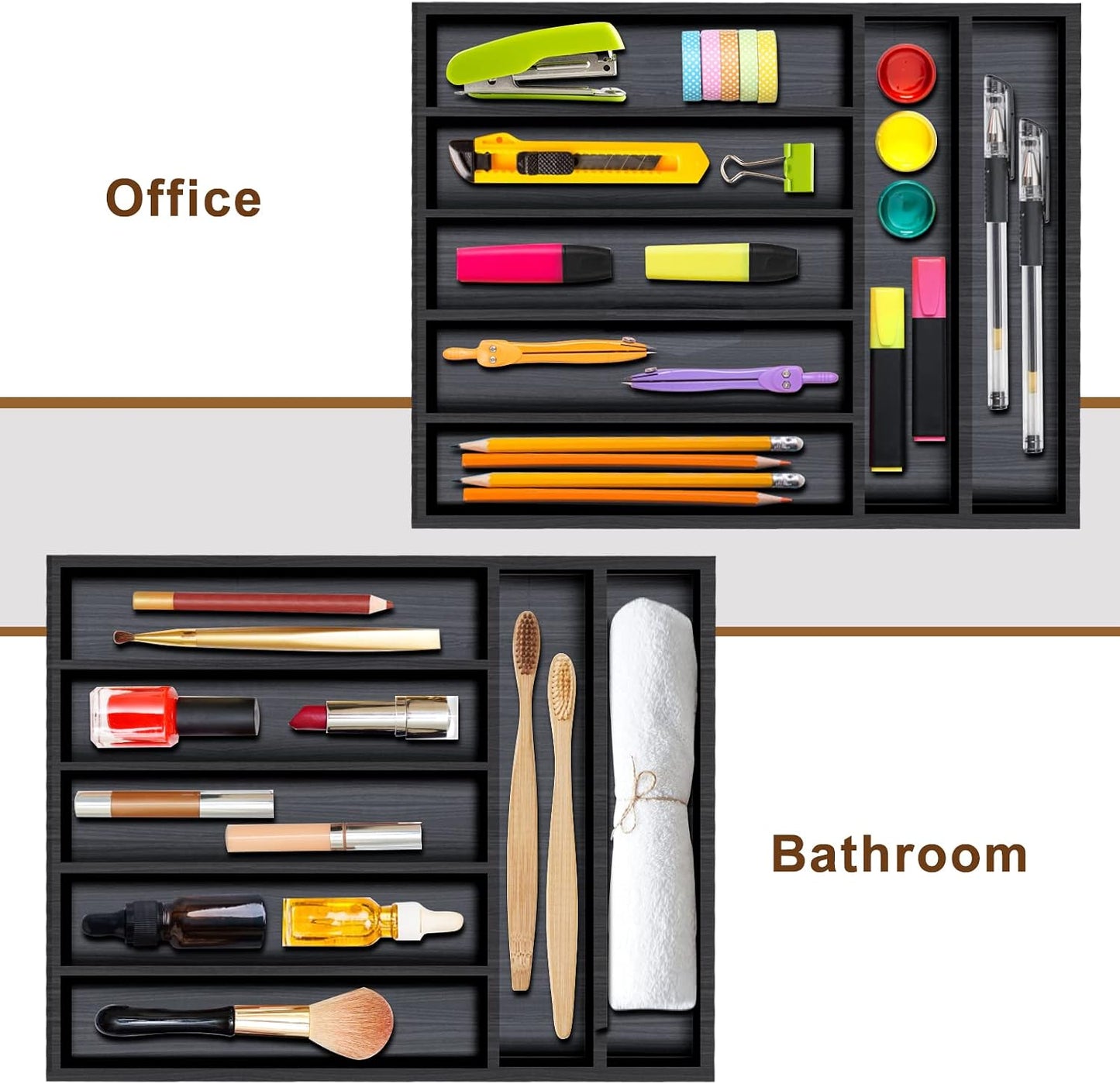 Small Silverware Organizer Narrow Wooden Cutlery Tray 12"x6.7" Spoon Kitchen Utensil Holder for Drawer Divider Bamboo Cutlery Drawer Organizers Storage Black Wood Silverware Tray Flatware Organizer