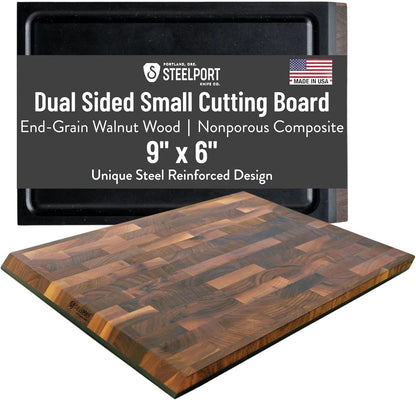 STEELPORT Small Cutting Board 9"x6" | Steel Reinforced End Grain Walnut | 2-Sided, Patent-Pending Ultra-Thin, Warp & Split Resistant | Composite Side, Juice Groove | USA Made, Ideal for Bar & Camp