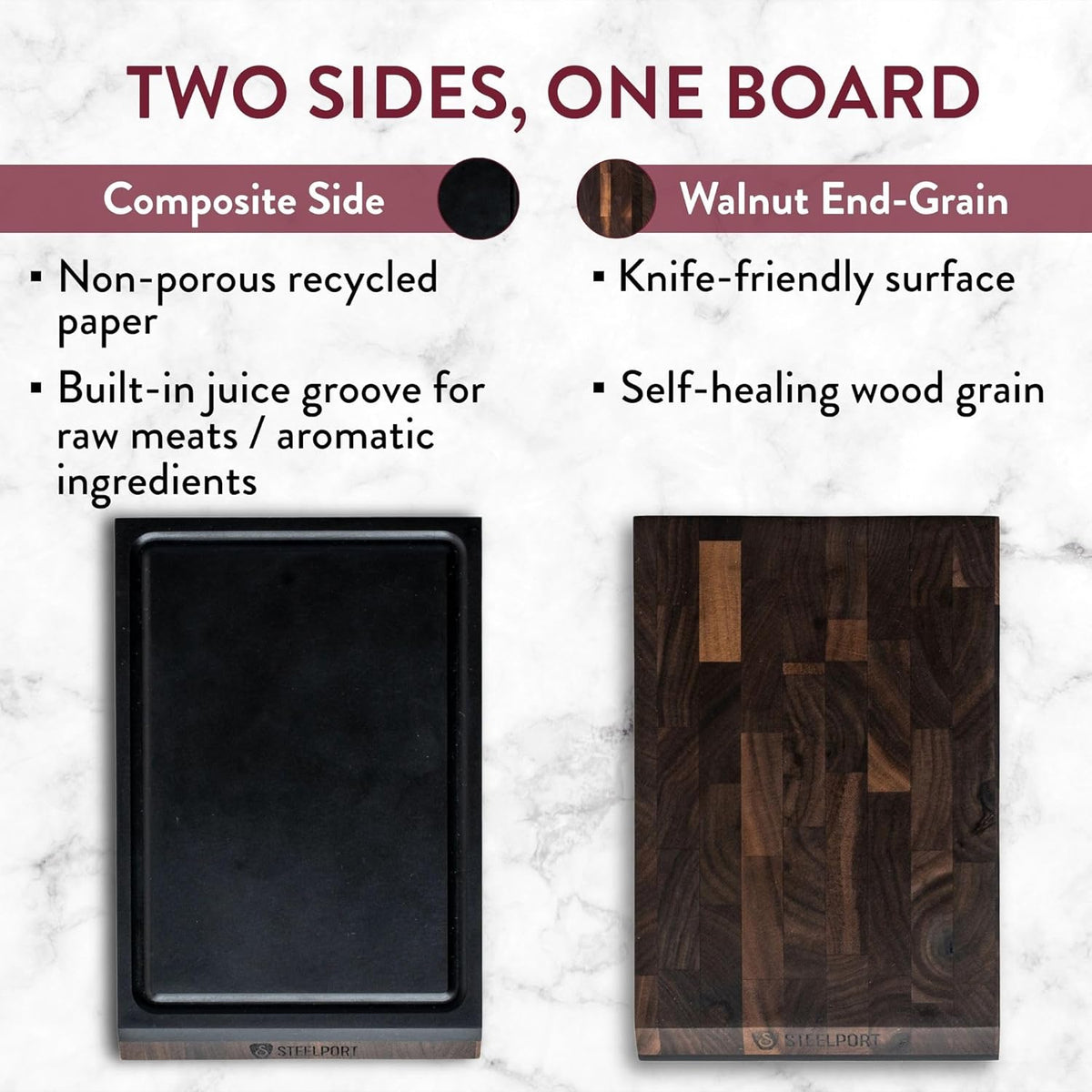 STEELPORT Small Cutting Board 9"x6" | Steel Reinforced End Grain Walnut | 2-Sided, Patent-Pending Ultra-Thin, Warp & Split Resistant | Composite Side, Juice Groove | USA Made, Ideal for Bar & Camp