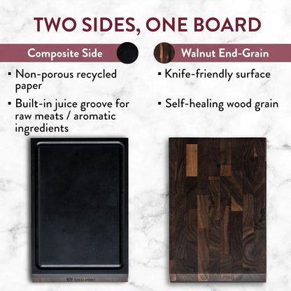 STEELPORT Small Cutting Board 9"x6" | Steel Reinforced End Grain Walnut | 2-Sided, Patent-Pending Ultra-Thin, Warp & Split Resistant | Composite Side, Juice Groove | USA Made, Ideal for Bar & Camp