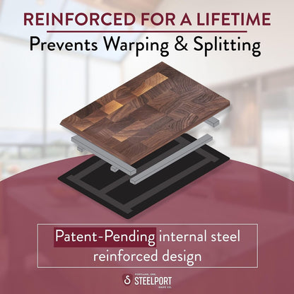 STEELPORT Small Cutting Board 9"x6" | Steel Reinforced End Grain Walnut | 2-Sided, Patent-Pending Ultra-Thin, Warp & Split Resistant | Composite Side, Juice Groove | USA Made, Ideal for Bar & Camp