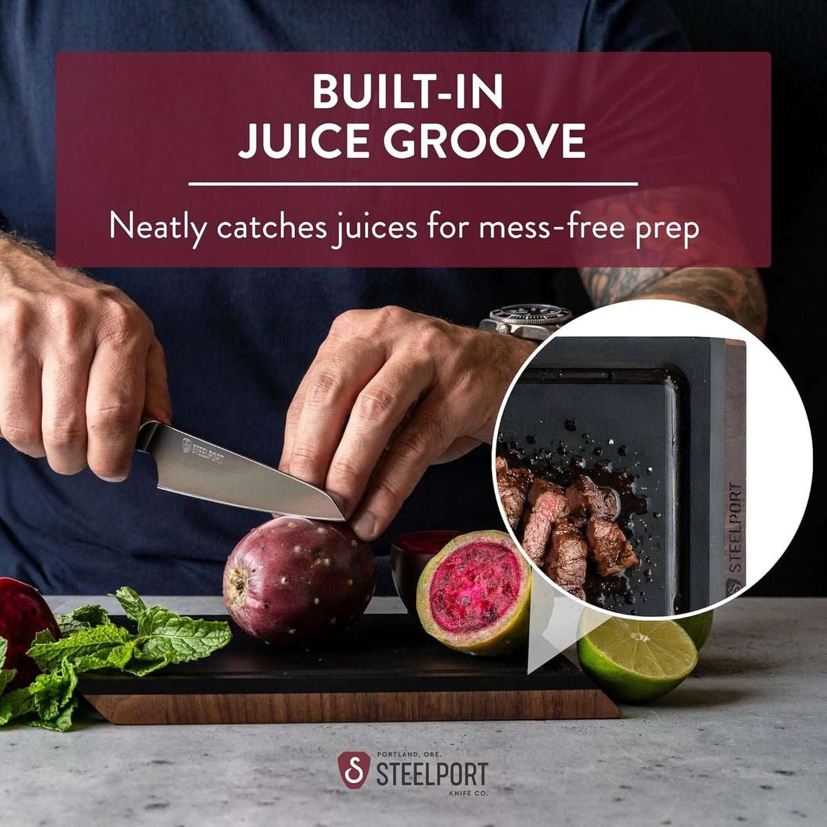 STEELPORT Small Cutting Board 9"x6" | Steel Reinforced End Grain Walnut | 2-Sided, Patent-Pending Ultra-Thin, Warp & Split Resistant | Composite Side, Juice Groove | USA Made, Ideal for Bar & Camp