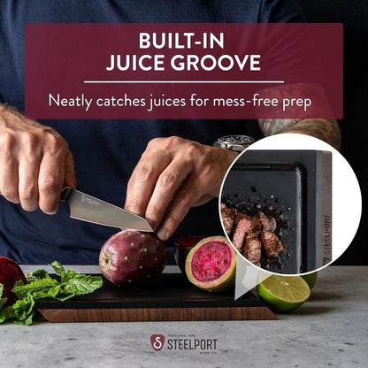 STEELPORT Small Cutting Board 9"x6" | Steel Reinforced End Grain Walnut | 2-Sided, Patent-Pending Ultra-Thin, Warp & Split Resistant | Composite Side, Juice Groove | USA Made, Ideal for Bar & Camp
