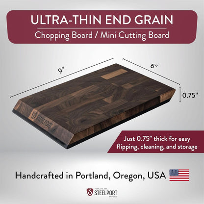 STEELPORT Small Cutting Board 9"x6" | Steel Reinforced End Grain Walnut | 2-Sided, Patent-Pending Ultra-Thin, Warp & Split Resistant | Composite Side, Juice Groove | USA Made, Ideal for Bar & Camp