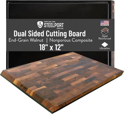 STEELPORT Small Cutting Board 9"x6" | Steel Reinforced End Grain Walnut | 2-Sided, Patent-Pending Ultra-Thin, Warp & Split Resistant | Composite Side, Juice Groove | USA Made, Ideal for Bar & Camp