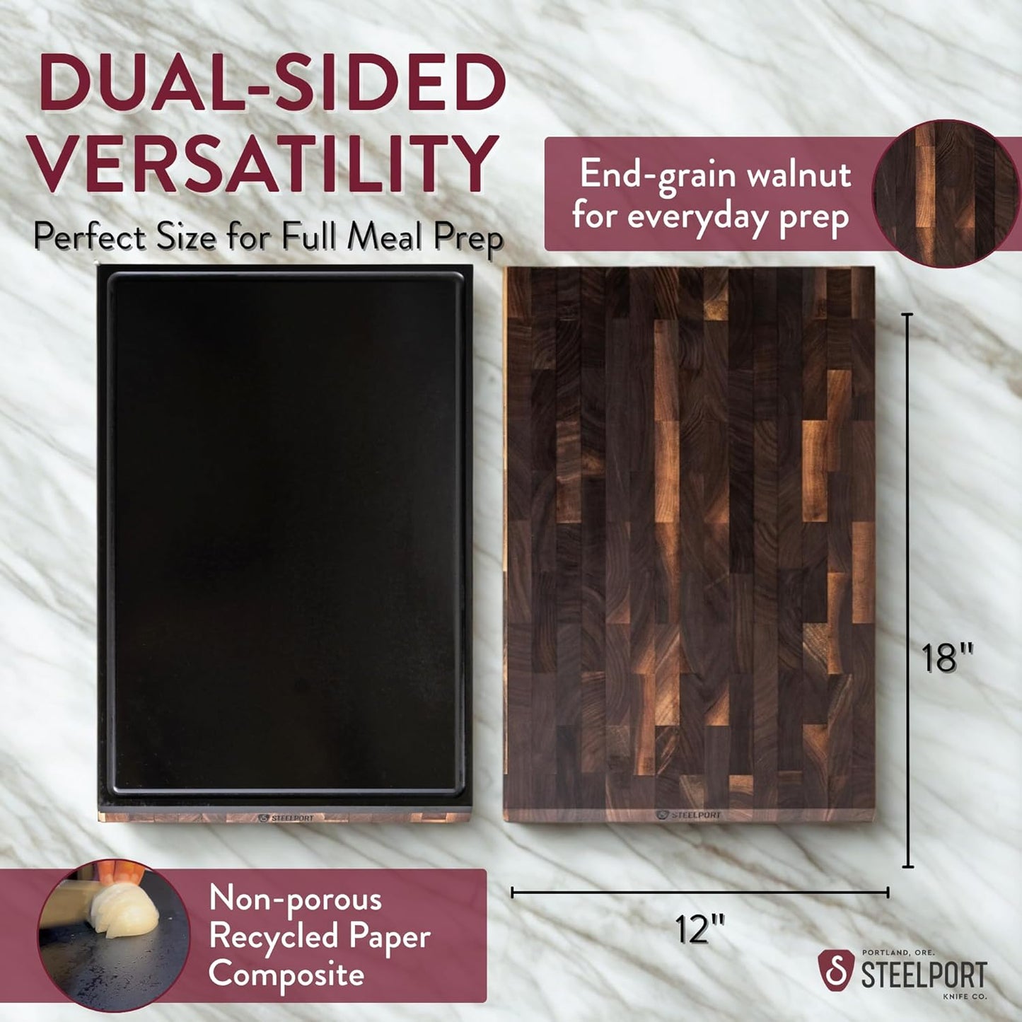 STEELPORT Small Cutting Board 9"x6" | Steel Reinforced End Grain Walnut | 2-Sided, Patent-Pending Ultra-Thin, Warp & Split Resistant | Composite Side, Juice Groove | USA Made, Ideal for Bar & Camp
