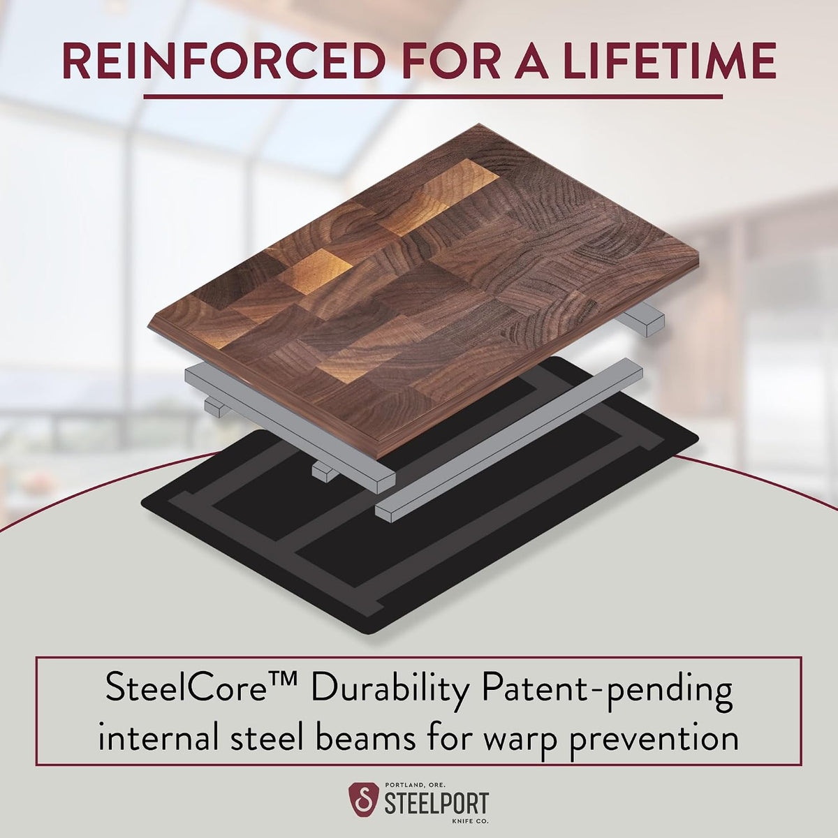 STEELPORT Small Cutting Board 9"x6" | Steel Reinforced End Grain Walnut | 2-Sided, Patent-Pending Ultra-Thin, Warp & Split Resistant | Composite Side, Juice Groove | USA Made, Ideal for Bar & Camp