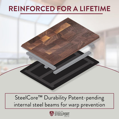STEELPORT Small Cutting Board 9"x6" | Steel Reinforced End Grain Walnut | 2-Sided, Patent-Pending Ultra-Thin, Warp & Split Resistant | Composite Side, Juice Groove | USA Made, Ideal for Bar & Camp